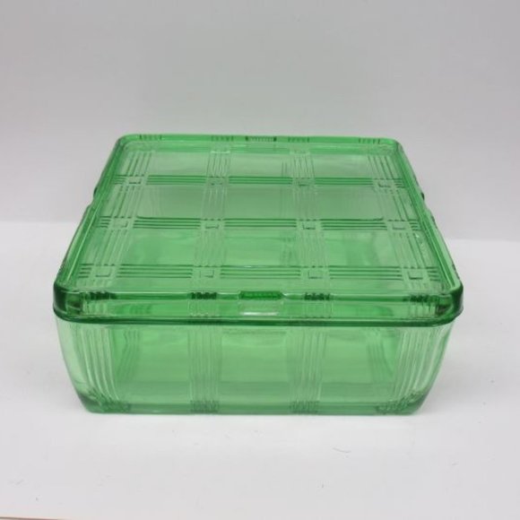 Hazel Atlas Green CRISS CROSS CRISSCROSS 8X8 Square Refrigerator Dish with Lid - Picture 1 of 4